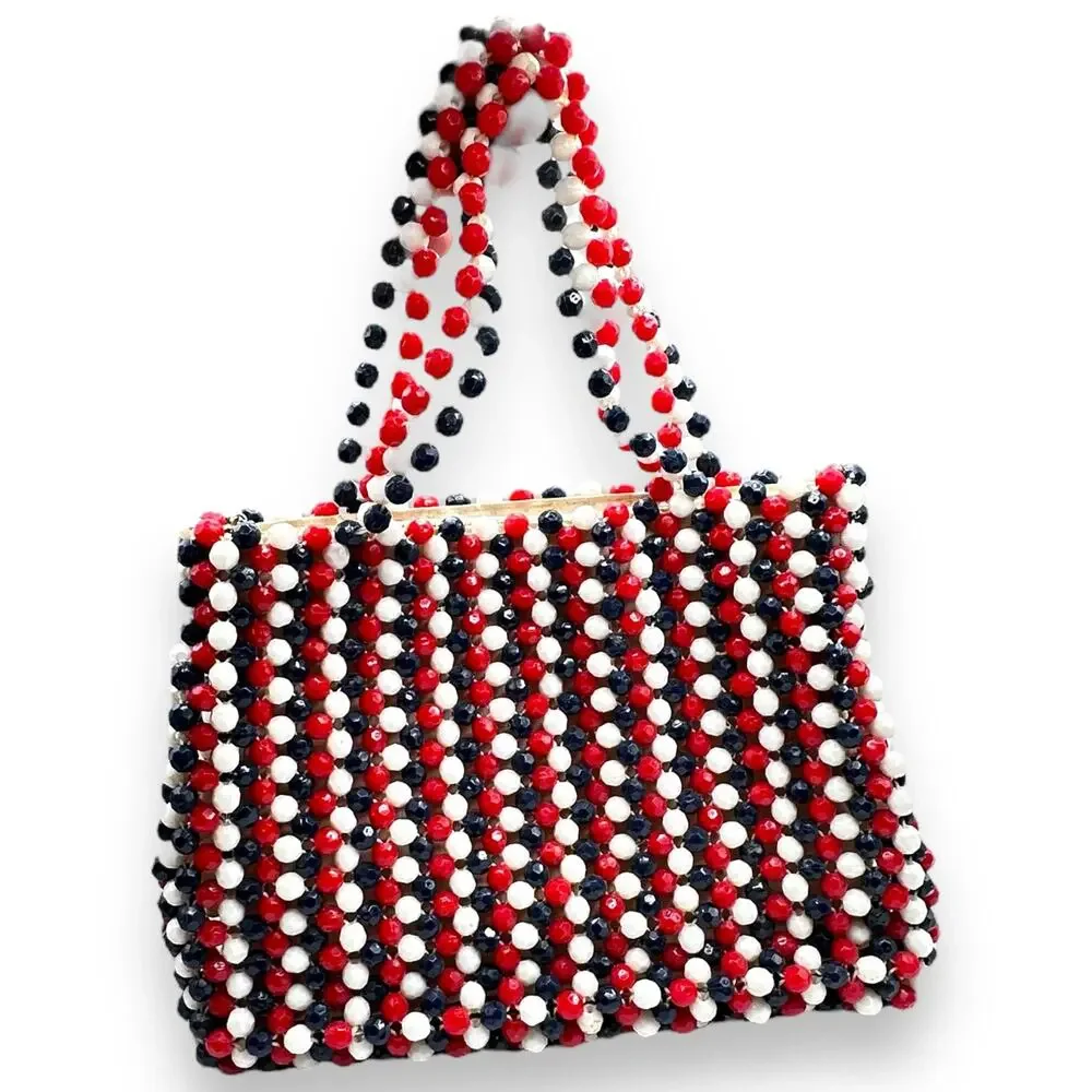 Vintage Red White & Blue Beaded Mini Bag made in Hong Kong - Picture 1 of 12